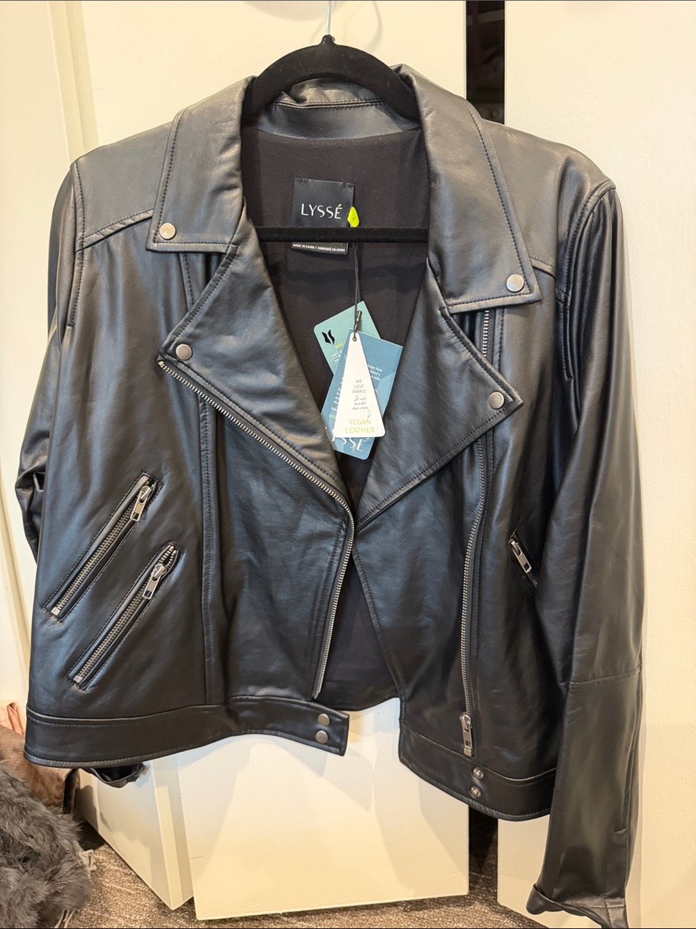 Lysse Black Vegan Leather Moto Jacket with Zip Pockets